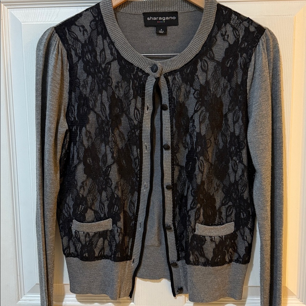 Sharagano Charcoal and Ebony Lace Overlay Knit Cardigan goth whimsigoth academia